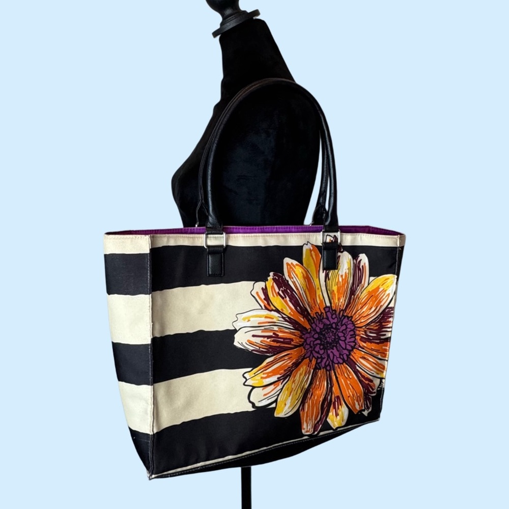 Arcadia Beauty Labs "Fall into Floral" Tote Bag Black Ivory Striped  Floral